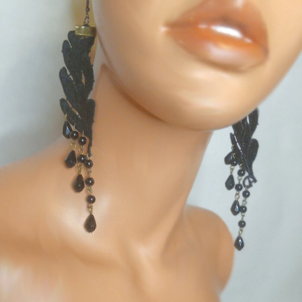 Black Lace Beaded Drop And Dangle Earrings